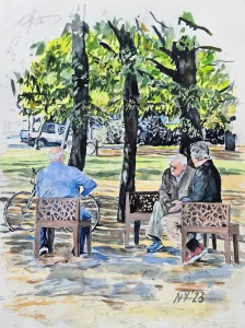 "Gespräch im Park Piazzola" 76x56 (2023)